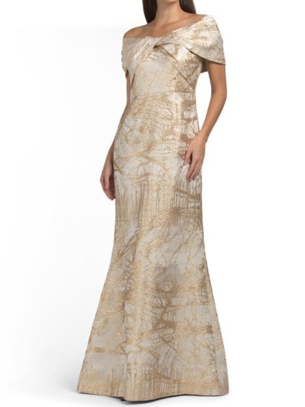 TERI JON Metallic Jacquard Off The Shoulder Twist Mermaid Gown